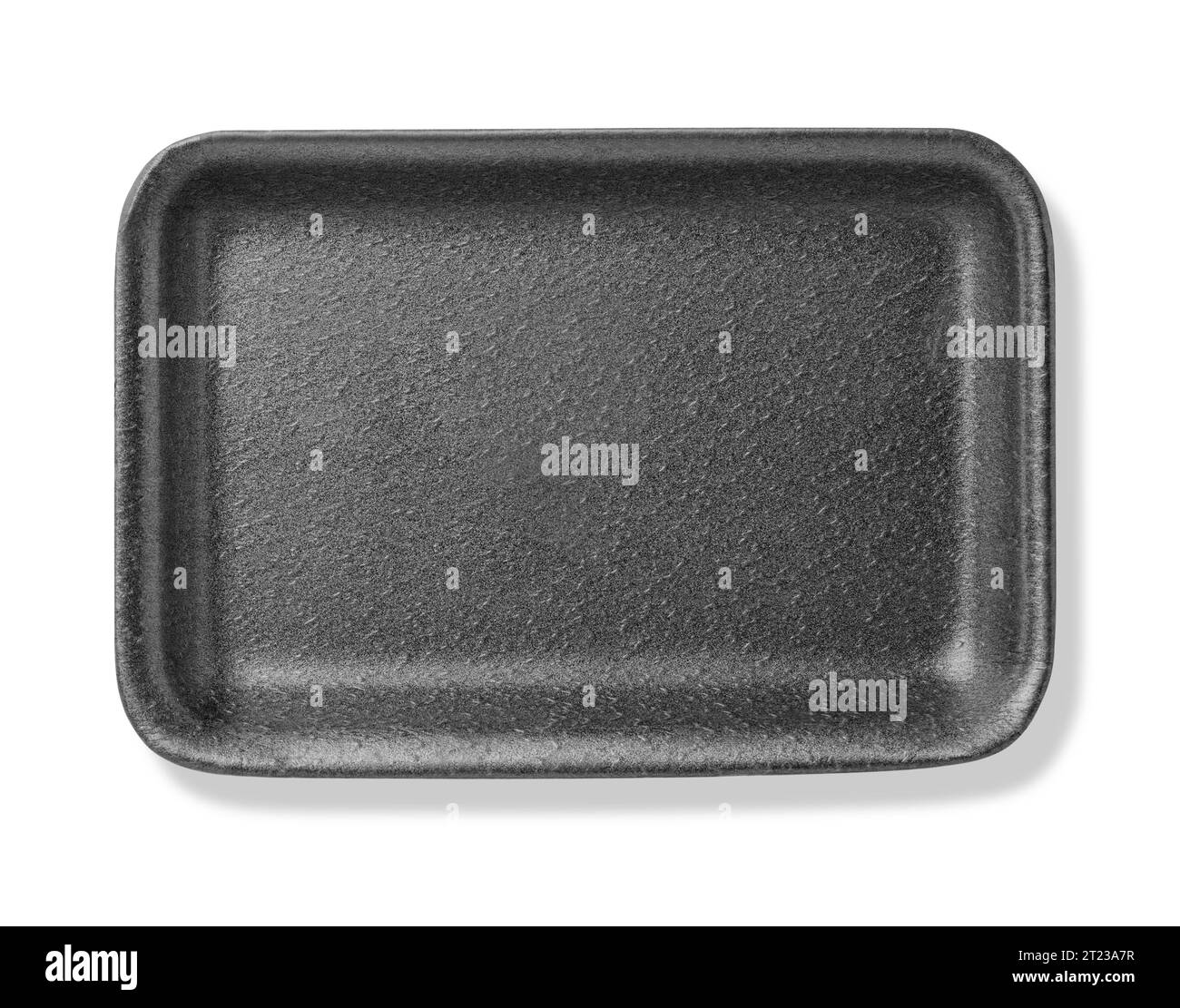 Vista dall'alto del vassoio per alimenti in schiuma vuoto nero isolato su bianco con percorso di ritaglio Foto Stock