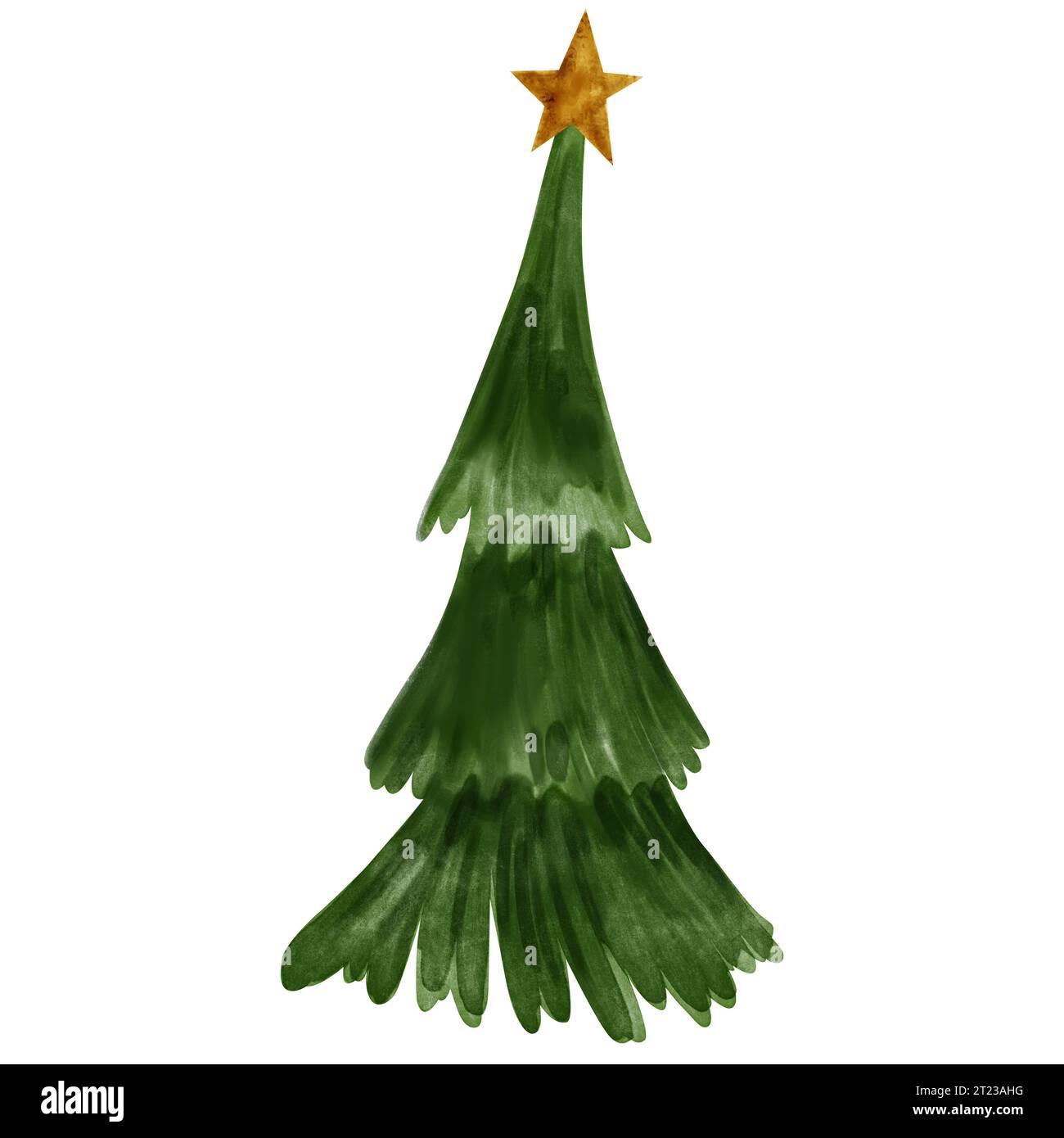 Illustrazione ad acquerello di un albero di Natale con una stella d'oro e dolci natalizi. Illustrazione ad acquerello disegnata a mano con decorazione dell'albero di Natale f Foto Stock