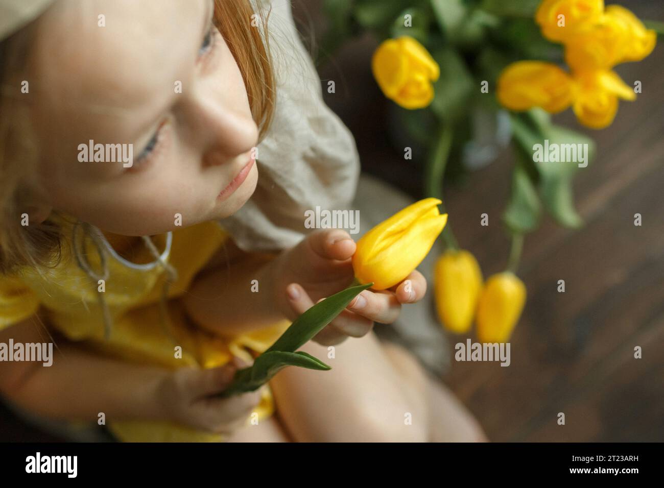 Vista dall'alto di una ragazza che tiene in mano un tulipano e si siede tra i tulipani. Affilatura selettiva. Nitidezza su un tulipano nelle mani. Foto Stock