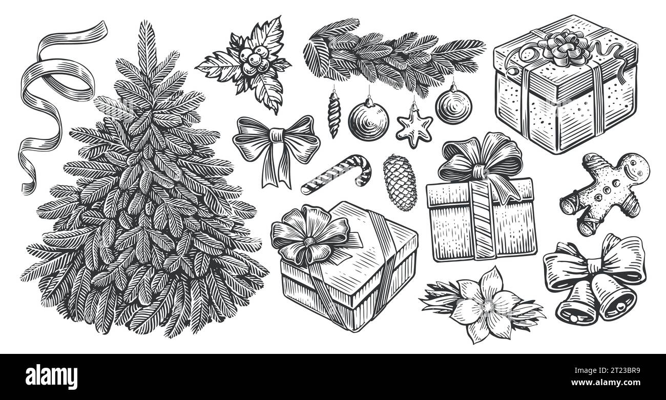 Concetto natalizio in stile incisione. Illustrazione vettoriale di schizzi vintage disegnata a mano Illustrazione Vettoriale