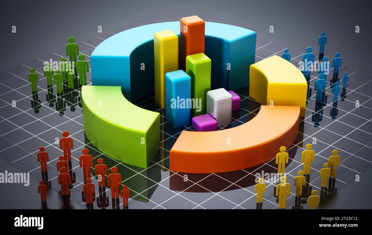La gente colorata sagome intorno i grafici. 3D'illustrazione. Foto Stock