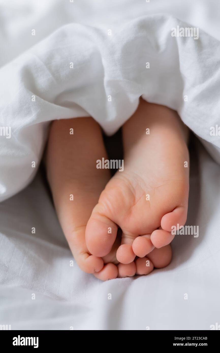 I piedi nudi dei bambini sporgono da sotto una coperta bianca. Foto di alta qualità Foto Stock