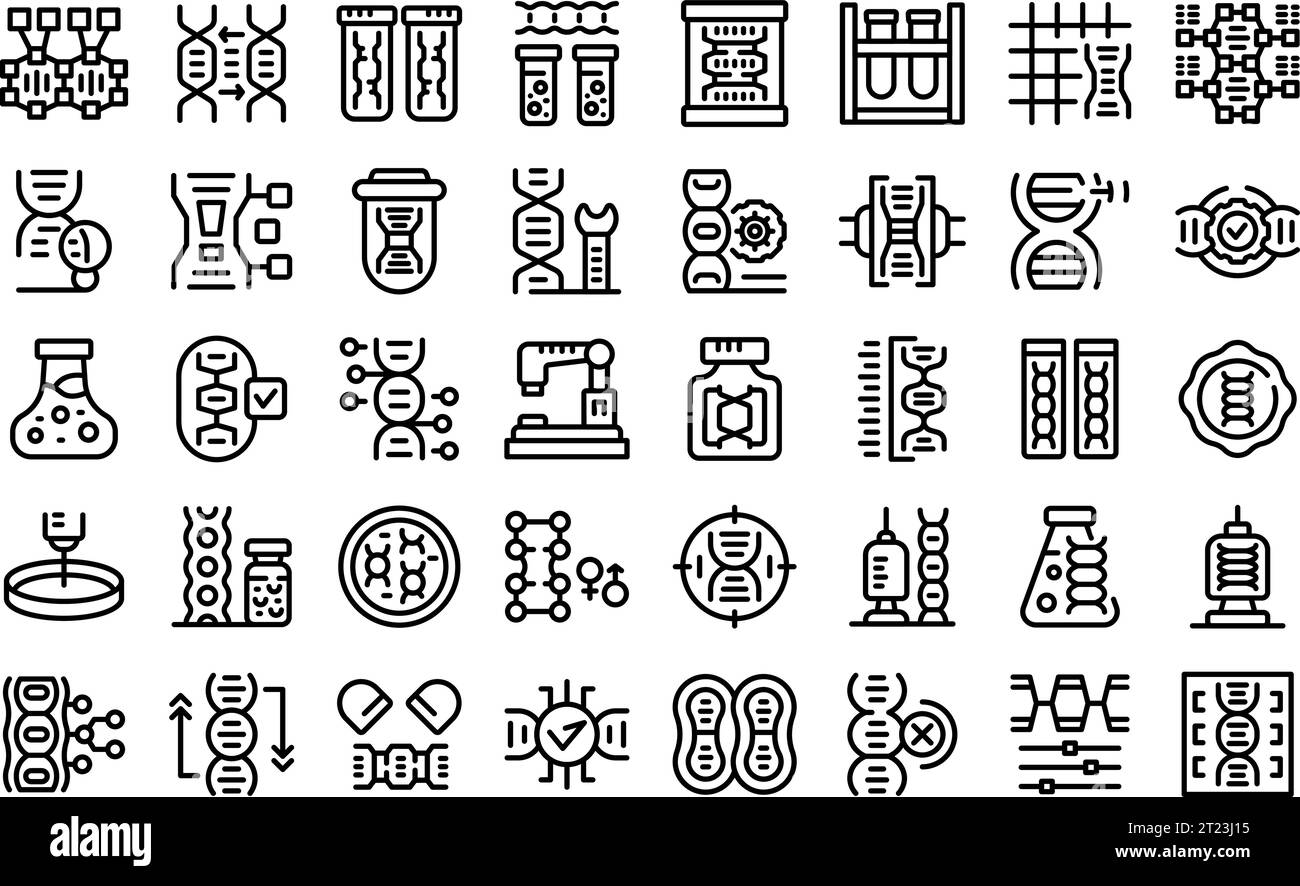 Le icone della terapia genica impostano il vettore di contorno. Terapia cellulare scientifica. Salute futura del dna Illustrazione Vettoriale