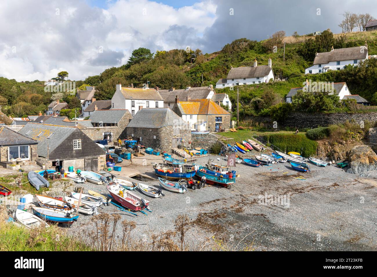 Cadgwith Cove sulla costa della cornovaglia, barche da pesca trasportate fino alla spiaggia di ciottoli, Inghilterra, Regno Unito, settembre 2023 Foto Stock