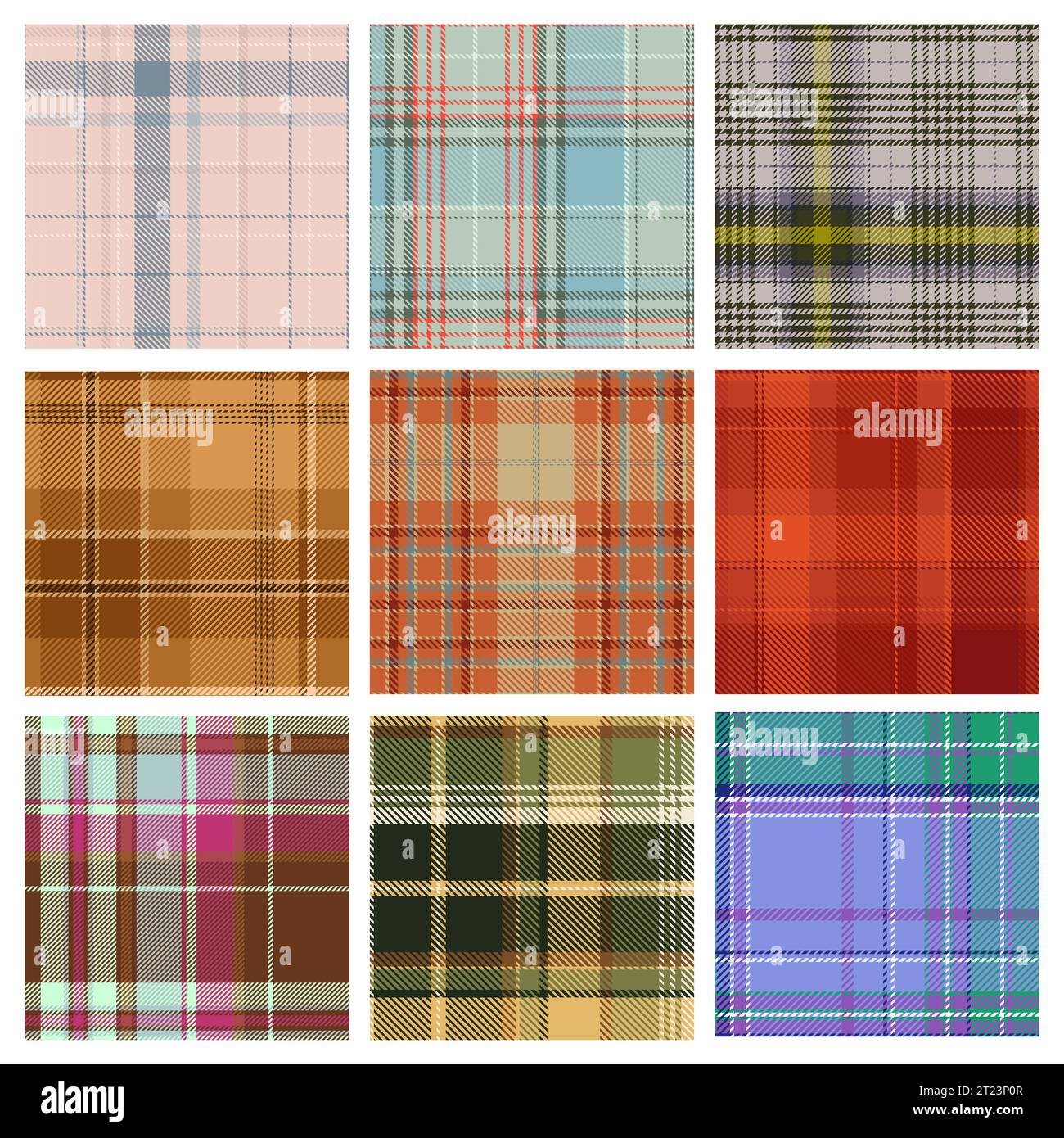 I pattern tartan impostano l'illustrazione vettoriale. Collezione scozzese di tessuti a quadri, decorazioni tradizionali in tartan geometrico con piastrelle quadrate per indumenti e coperte autunnali, tessuti per tovaglie Illustrazione Vettoriale