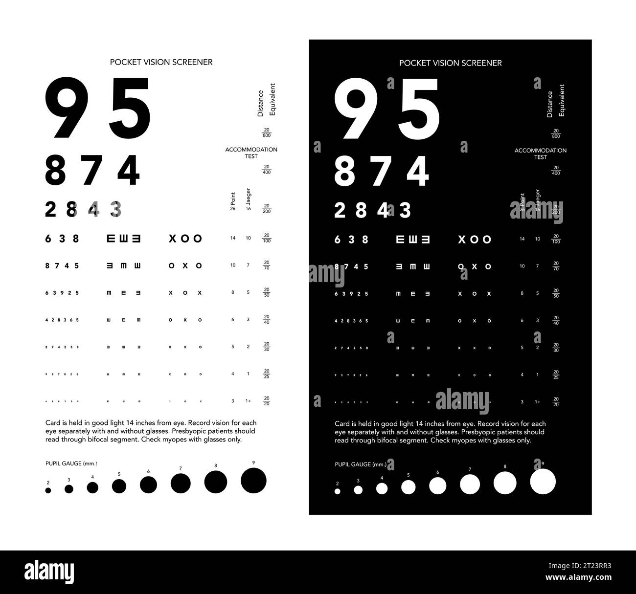 Rosenbaum Pocket Vision Screener Eye test Chart illustrazione medica con numeri. Stile di schizzo vettoriale di linea isolato su sfondo bianco e nero. Pannello ottico oftalmico per esame Illustrazione Vettoriale