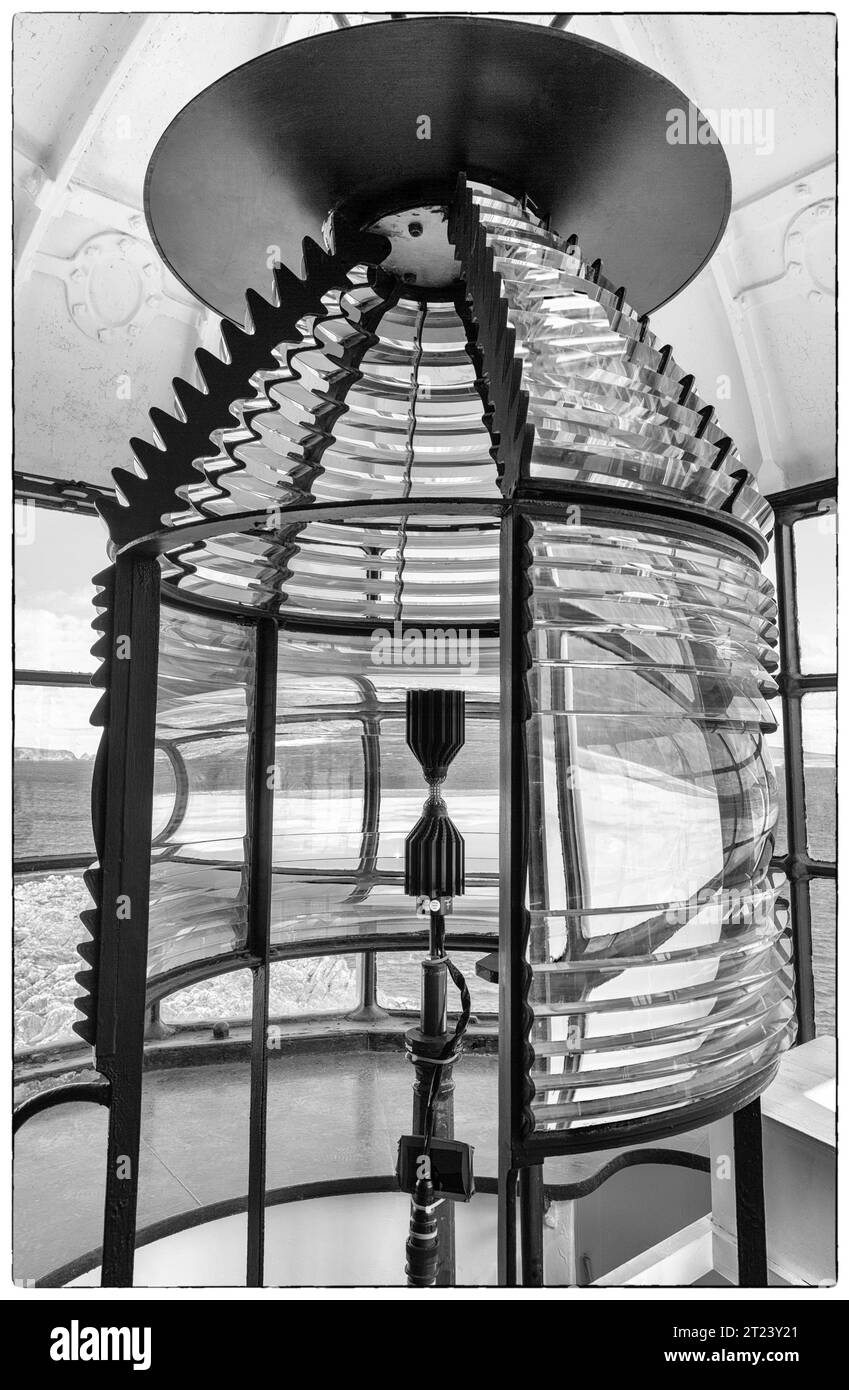 Obiettivo nel faro di Broadhaven, Mullet Penisula, Contea di Mayo, Irlanda. Foto Stock