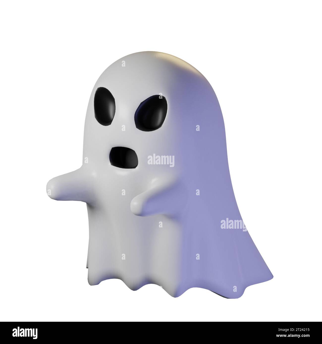 fantasma bianco fluttuante con occhi neri. Isolato su sfondo bianco. Illustrazione 3D. Alta risoluzione Foto Stock