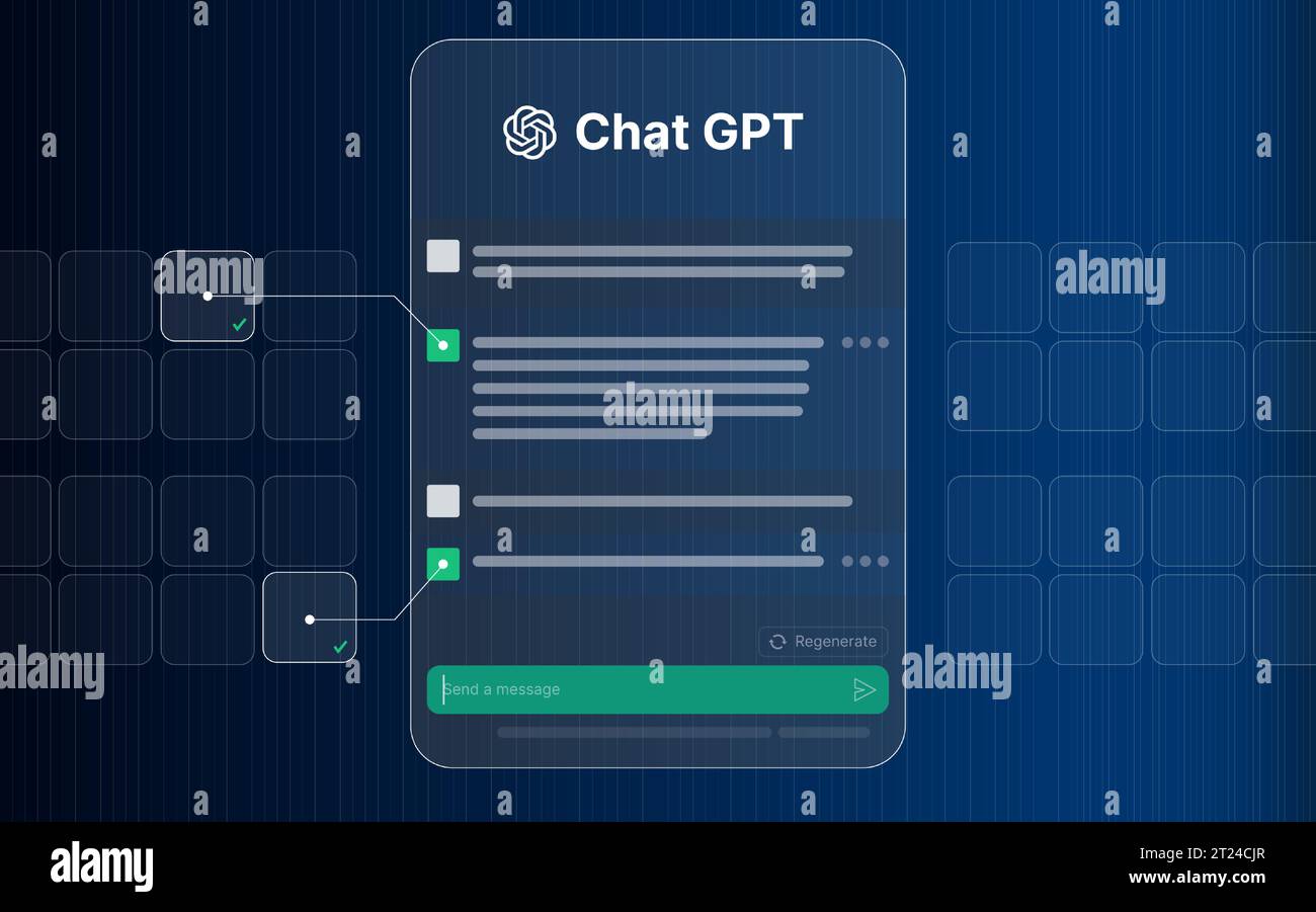 Modello illustrativo Chat GPT, comunicazione con tecnologia Chat Bot, chat robotica futuristica, Deep Learning ai, intelligenza artificiale Chatbot, Cyber Bot Illustrazione Vettoriale