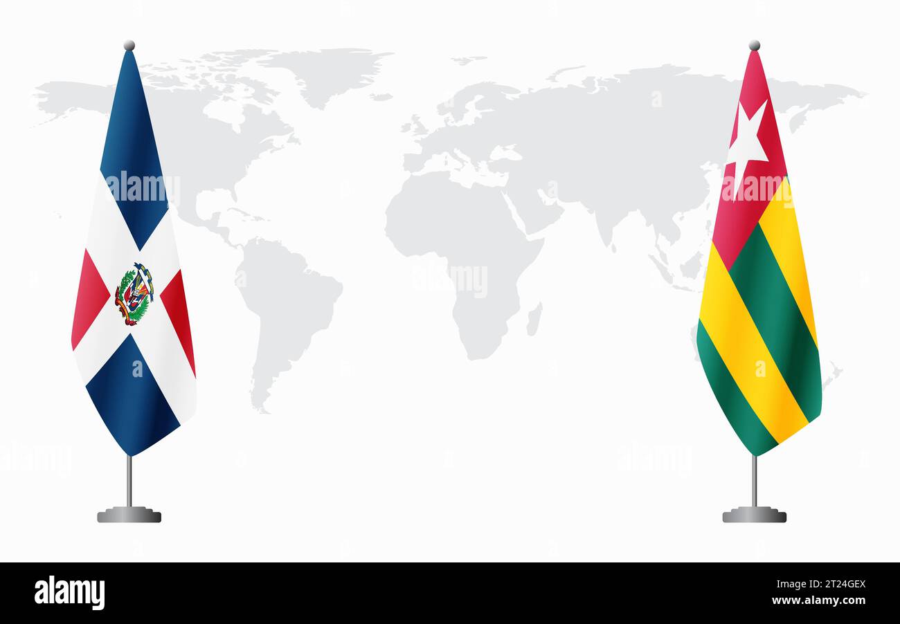 Repubblica Dominicana e Togo bandiere per l'incontro ufficiale sullo sfondo della mappa mondiale. Illustrazione Vettoriale