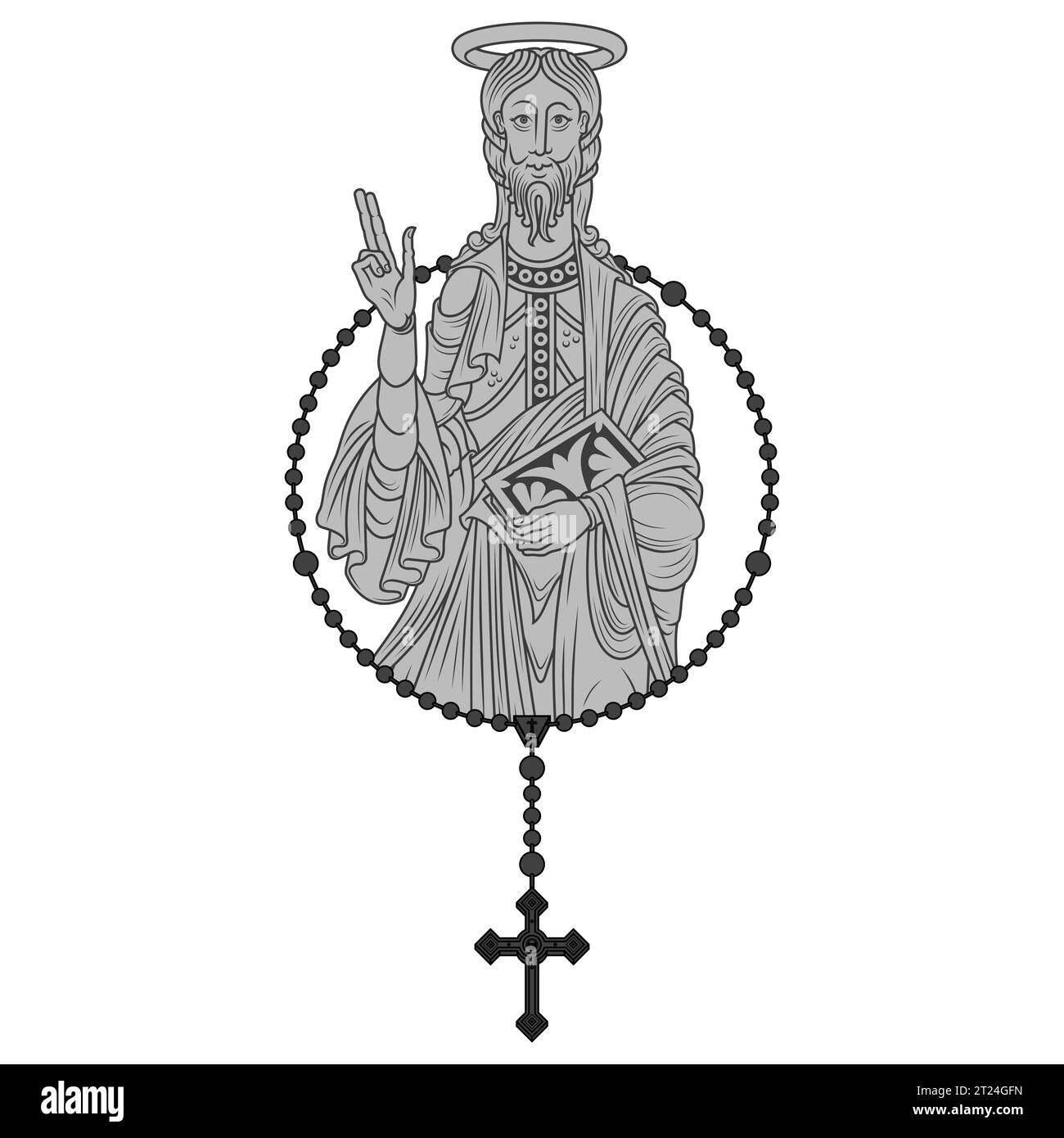Disegno vettoriale dell'Apostolo con rosario cattolico, arte cristiana del Medioevo Illustrazione Vettoriale