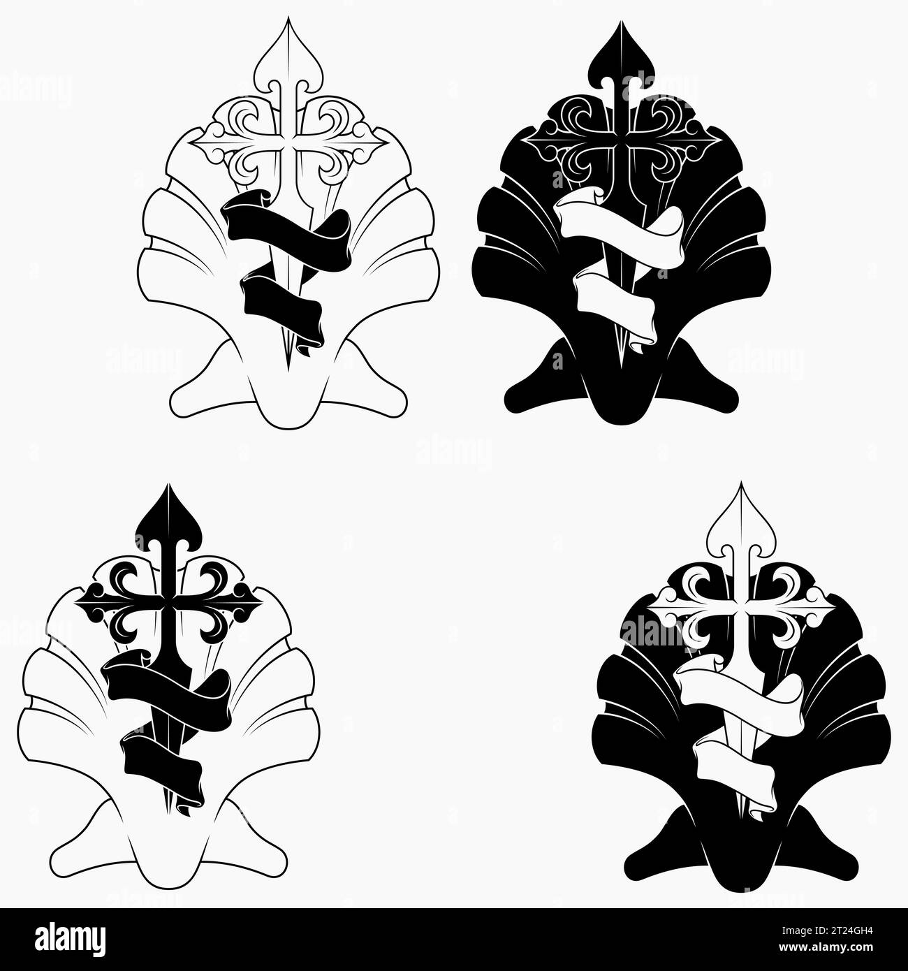 Disegno vettoriale della simbologia cristiana dell'apostolo santiago, croce dell'apostolo Santiago con impiallacciatura e nastro Illustrazione Vettoriale