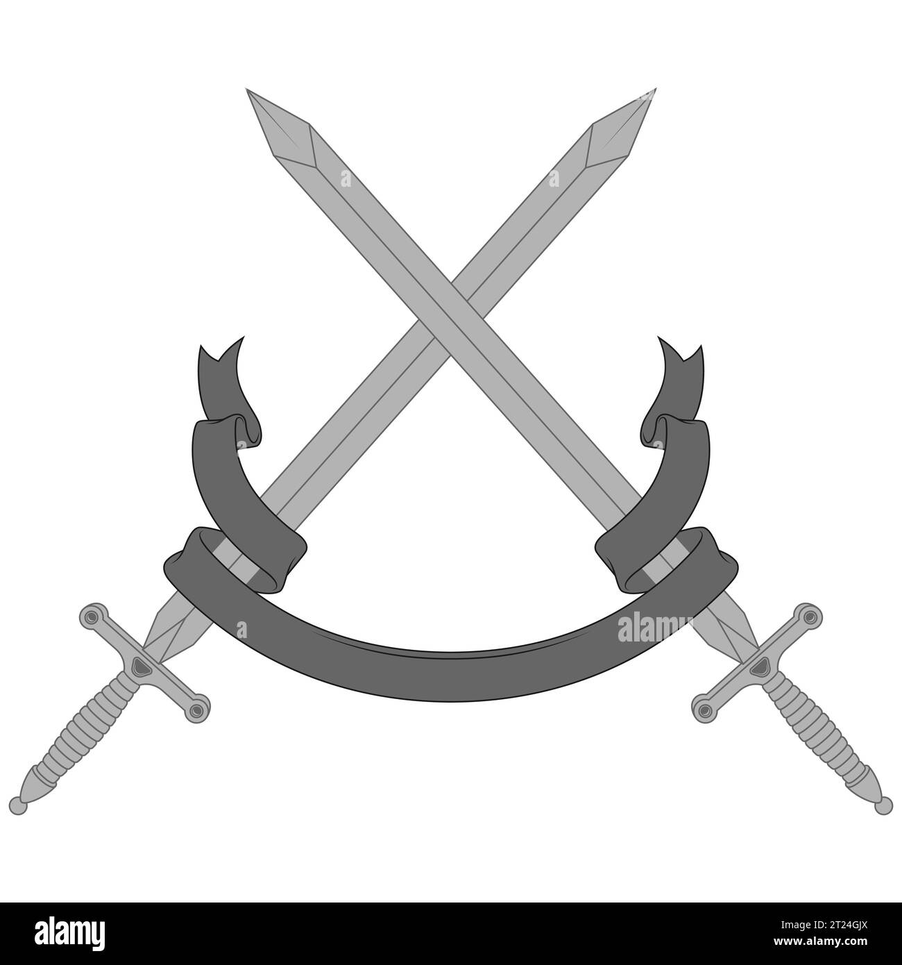 Design vettoriale della spada medievale europea, spade medievali circondate da un nastro araldico Illustrazione Vettoriale