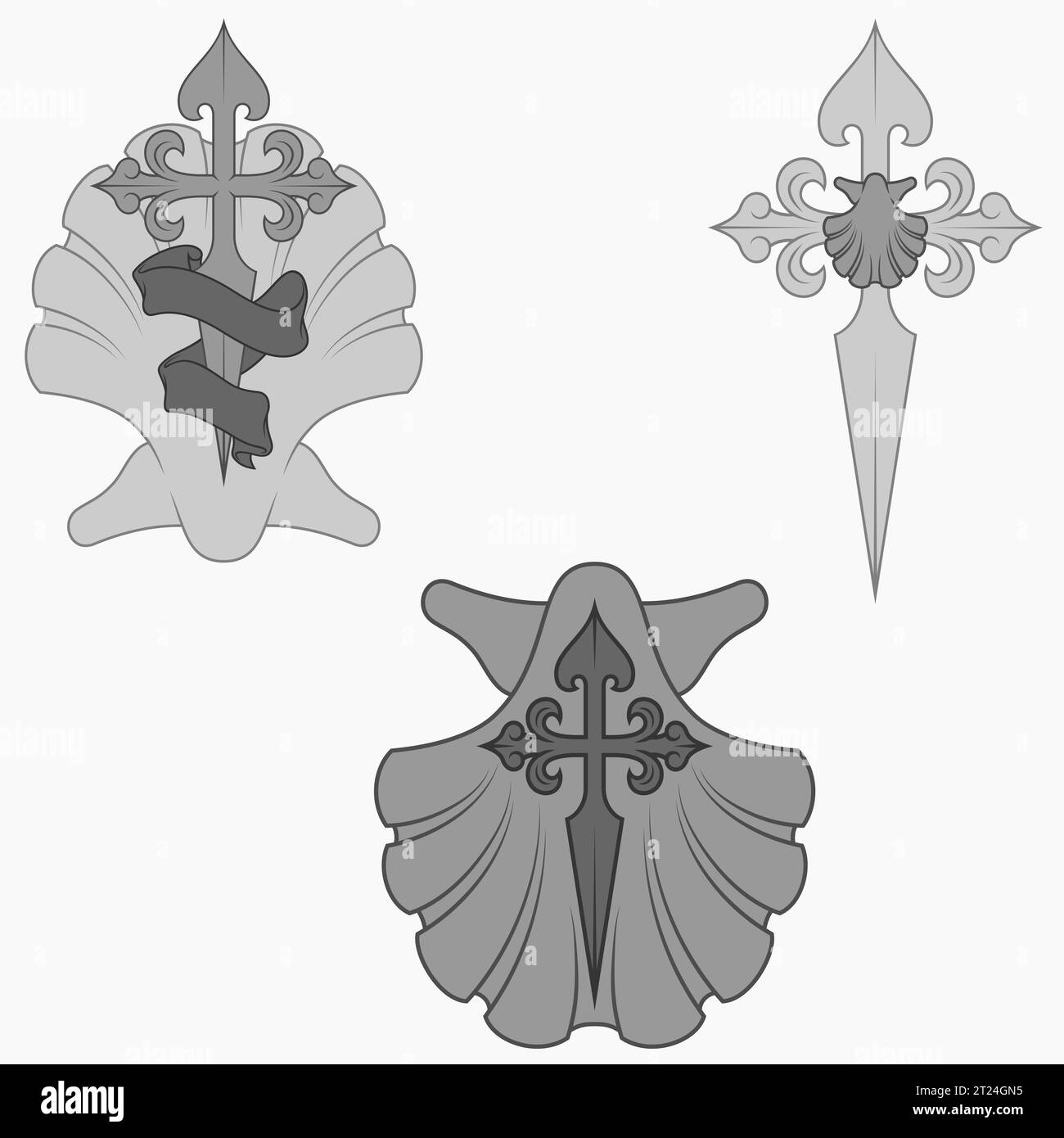 Disegno vettoriale della simbologia cristiana dell'apostolo santiago, croce di santiago con capesante, spada e nastro Illustrazione Vettoriale