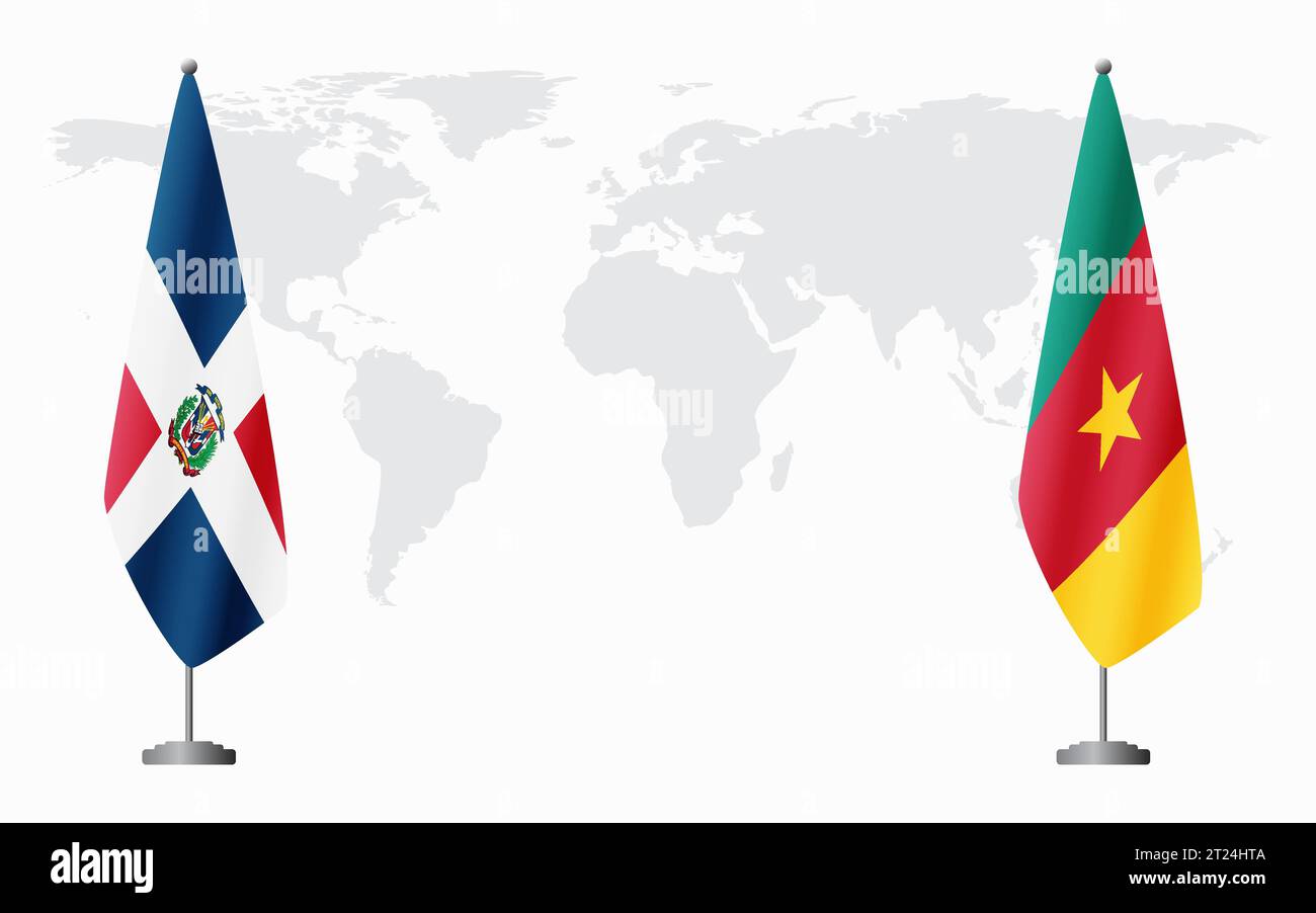 Repubblica Dominicana e Camerun bandiere per un incontro ufficiale sullo sfondo della mappa mondiale. Illustrazione Vettoriale