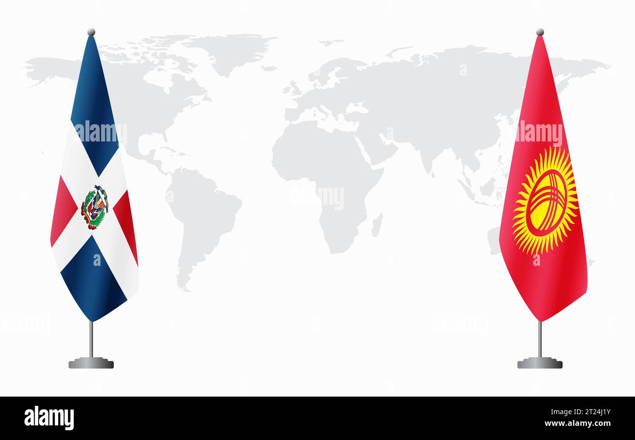 Repubblica Dominicana e Kirghizistan bandiere per un incontro ufficiale sullo sfondo della mappa mondiale. Illustrazione Vettoriale