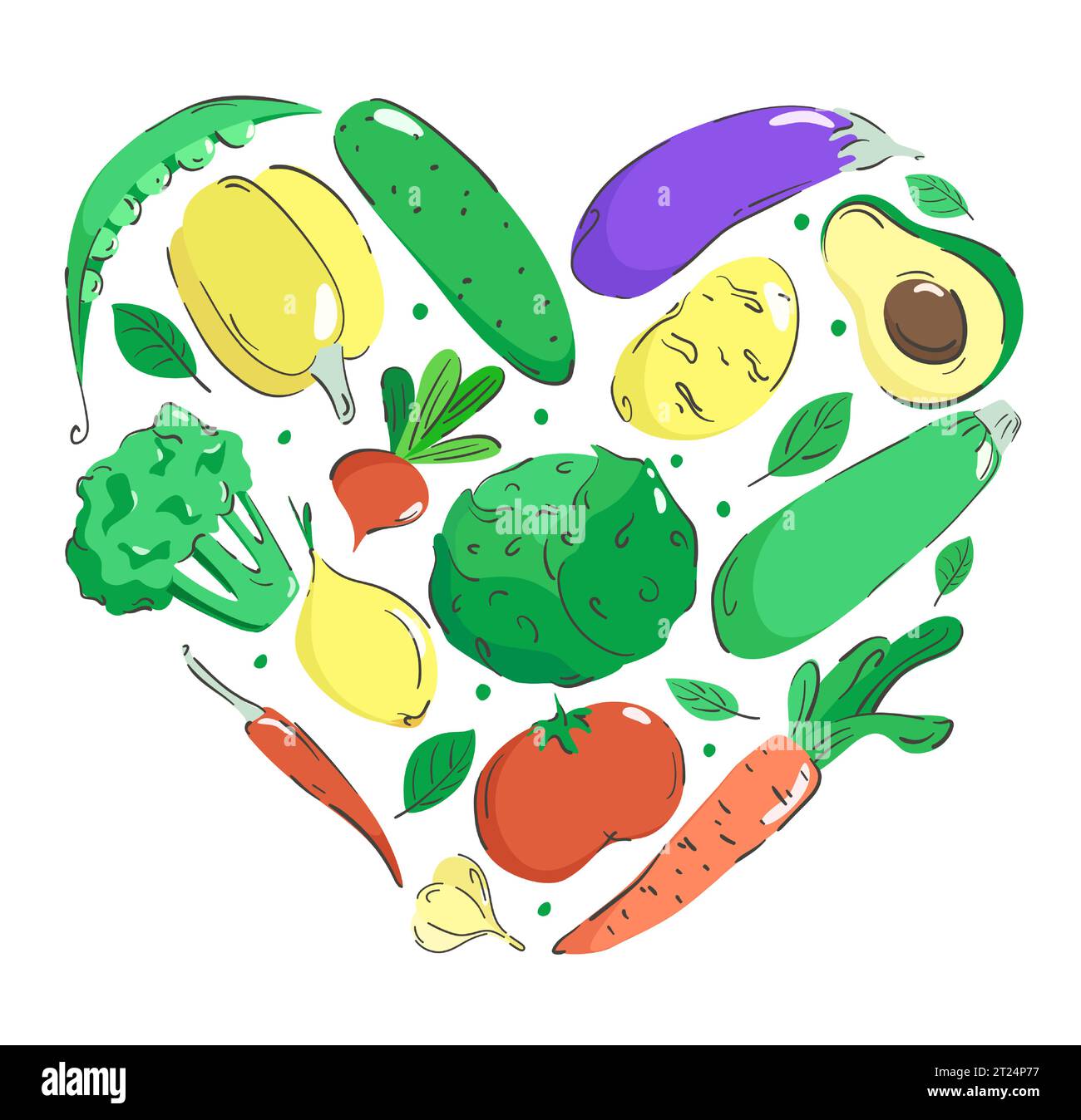 Verdure sane e luminose a forma di cuore. Composizione sul tema del vegetarianesimo con l'immagine di diverse verdure di stagione. Vettore i Illustrazione Vettoriale