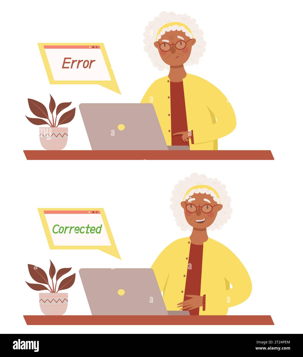 La graziosa nonna dalla pelle nera corregge con successo un errore nel lavorare al computer. Gli anziani lavorano con tecnologie moderne. Istruzione online, remo Illustrazione Vettoriale