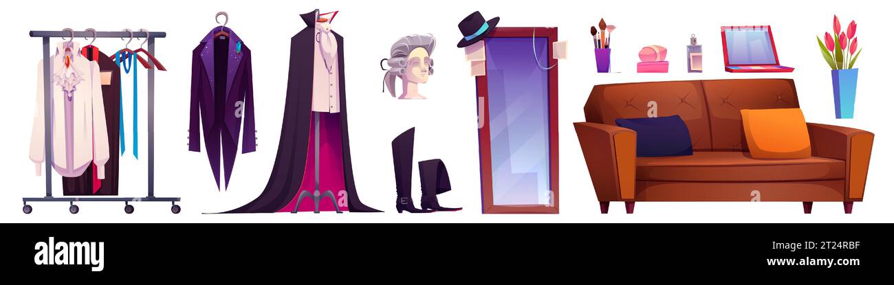 Sala per il trucco dietro le quinte nel set vettoriale interno del teatro. Collezione clipart concept per interni da uomo in studio. Spogliatoio e guardaroba per lo spogliatoio teatrale e mobili di bellezza con divano Illustrazione Vettoriale