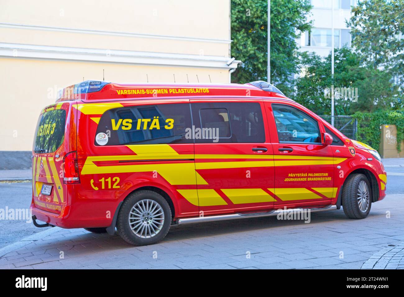 Turku, Finlandia - Giugno 16 2019: Ambulanza dei vigili del fuoco. Foto Stock