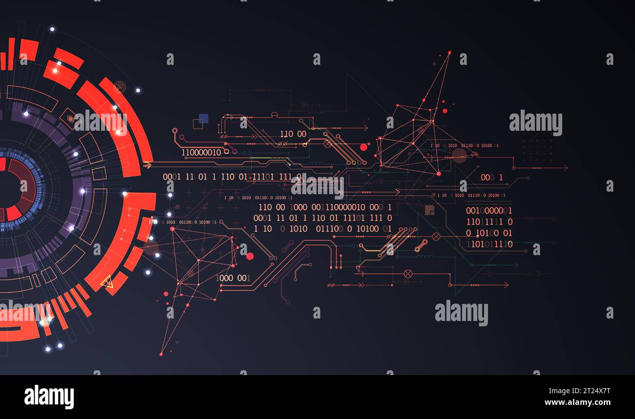 Contesto astratto su argomenti tecnologici e scientifici. Vari dettagli tecnici con l'utilizzo del codice digitale. Formato vettoriale. Illustrazione Vettoriale