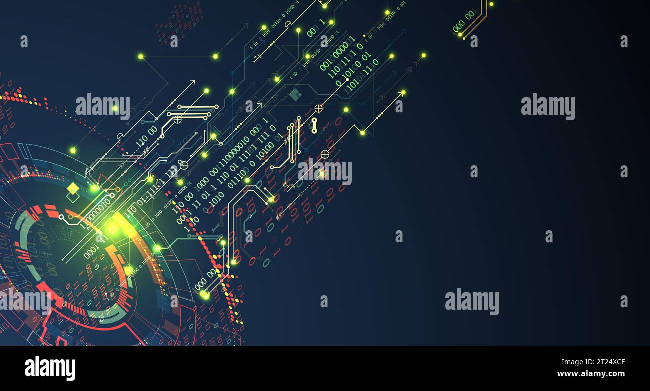 Contesto astratto su argomenti tecnologici e scientifici. Vari dettagli tecnici con l'utilizzo del codice digitale. Formato vettoriale. Illustrazione Vettoriale