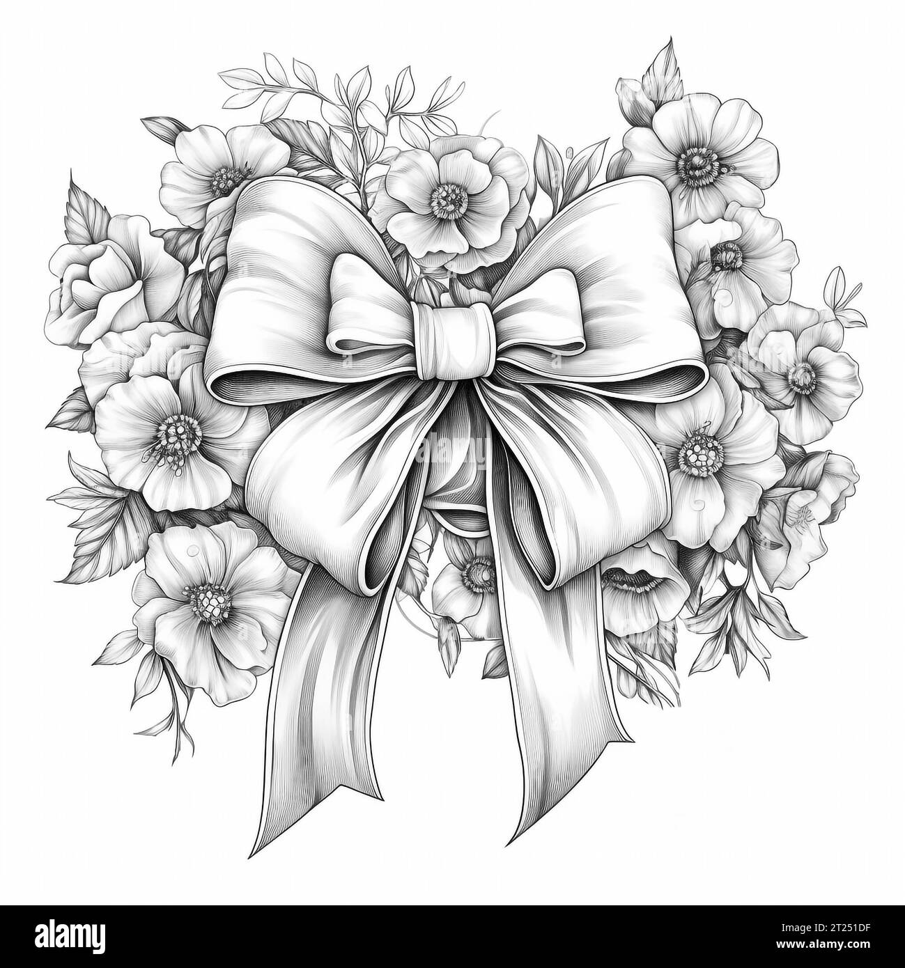 Bouquet di fiori bianchi e neri con nastro. Illustrazione della pagina del libro da colorare. Foto Stock