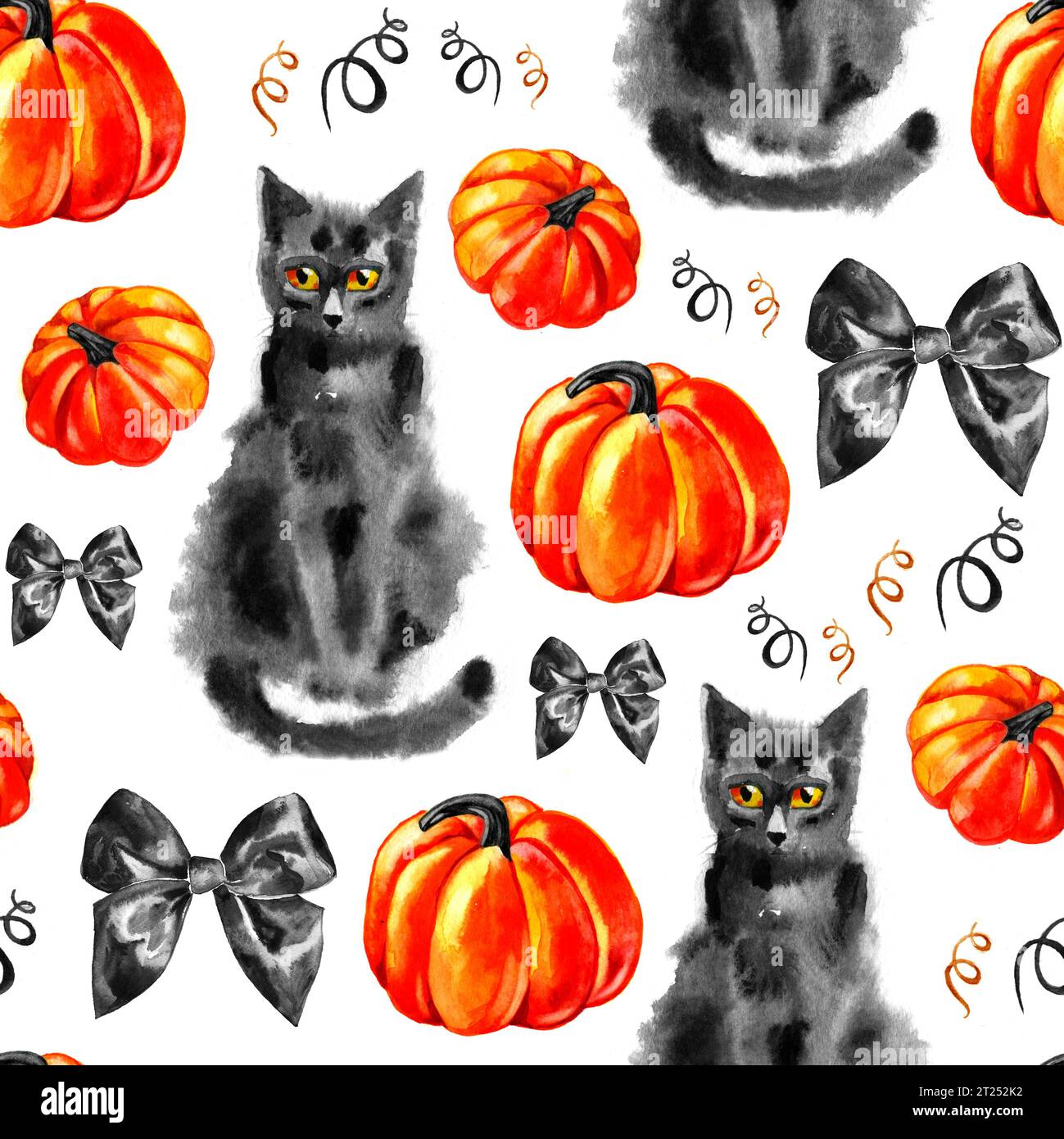 Motivo Halloween senza cuciture. Disegno manuale. Zucche, gatto, archi. Foto Stock