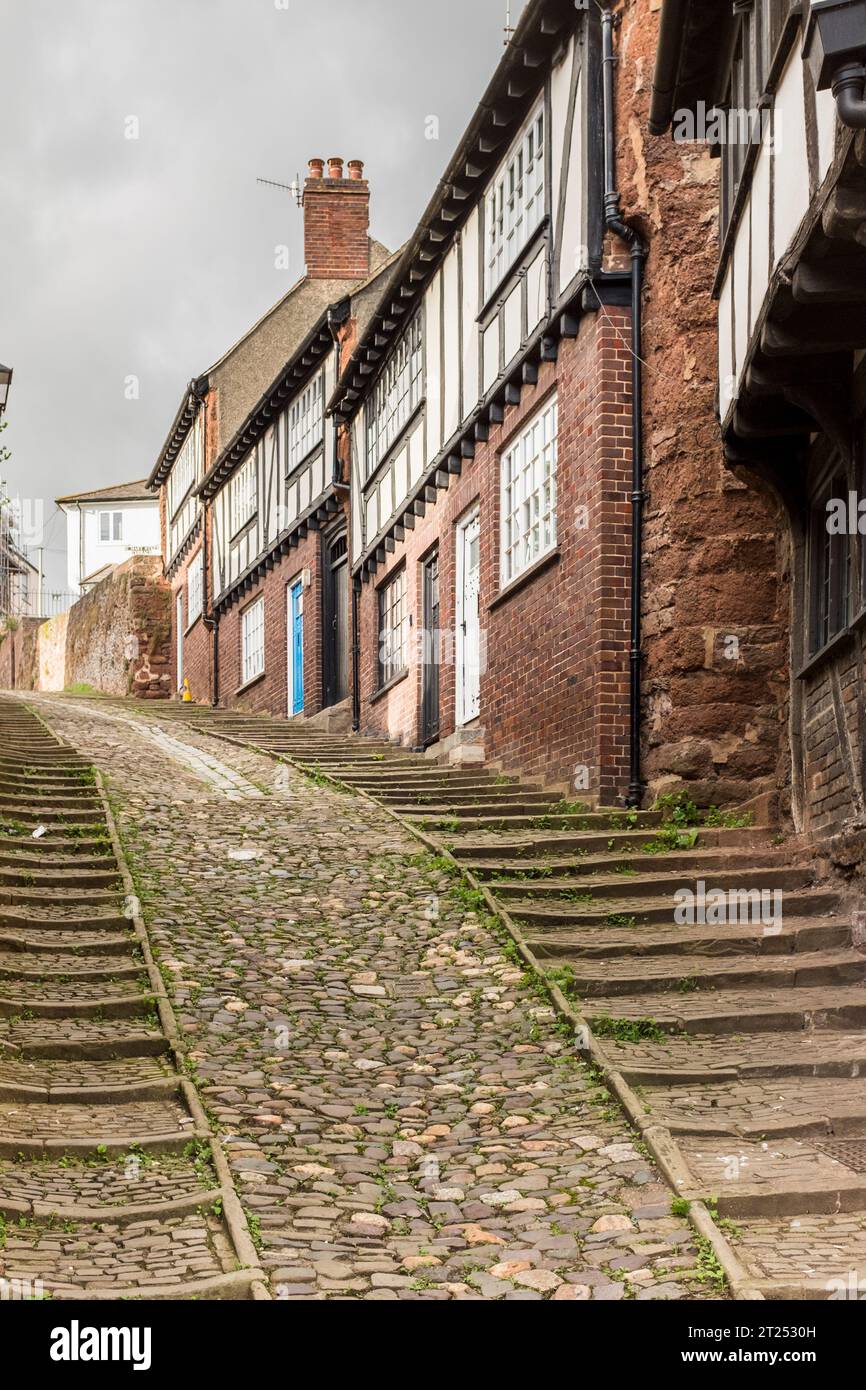 Stretta strada acciottolata nella parte vecchia di Exeter, Devon, Regno Unito Foto Stock