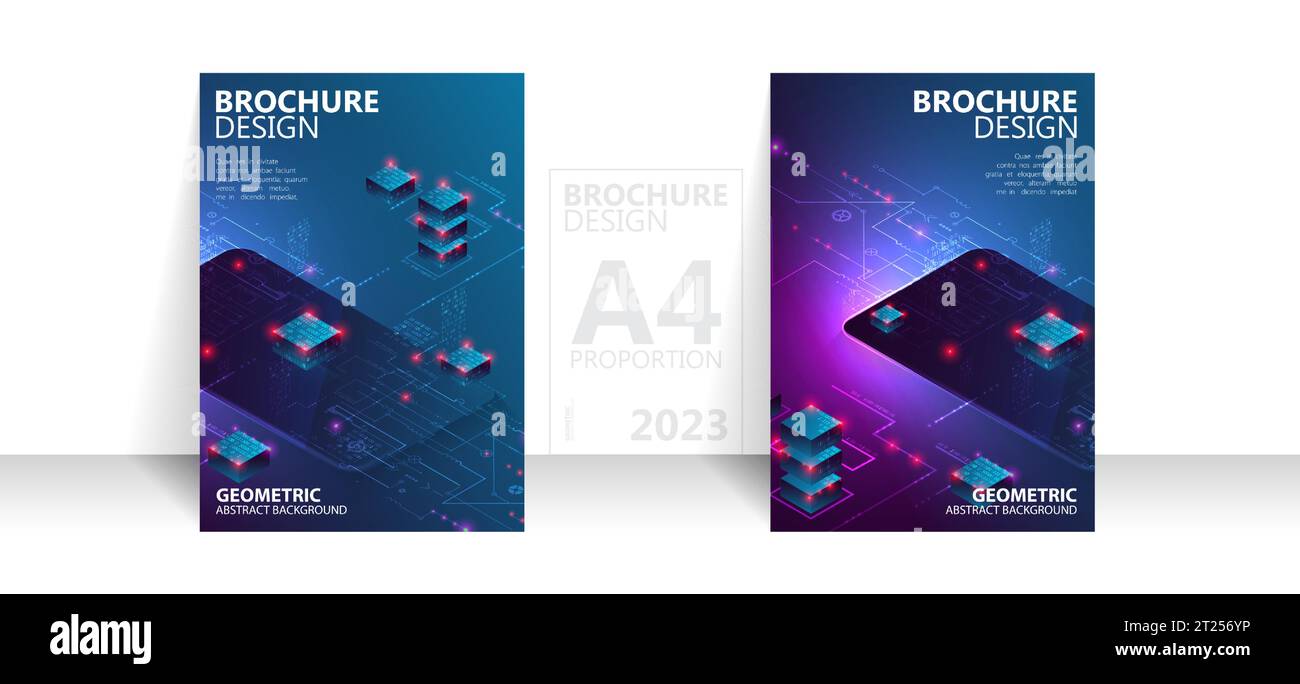 Modello di opuscolo sfondo del volantino per il design aziendale in formato A4. Concetto isometrico di elaborazione dei big data, database cloud. Illustrazione Vettoriale