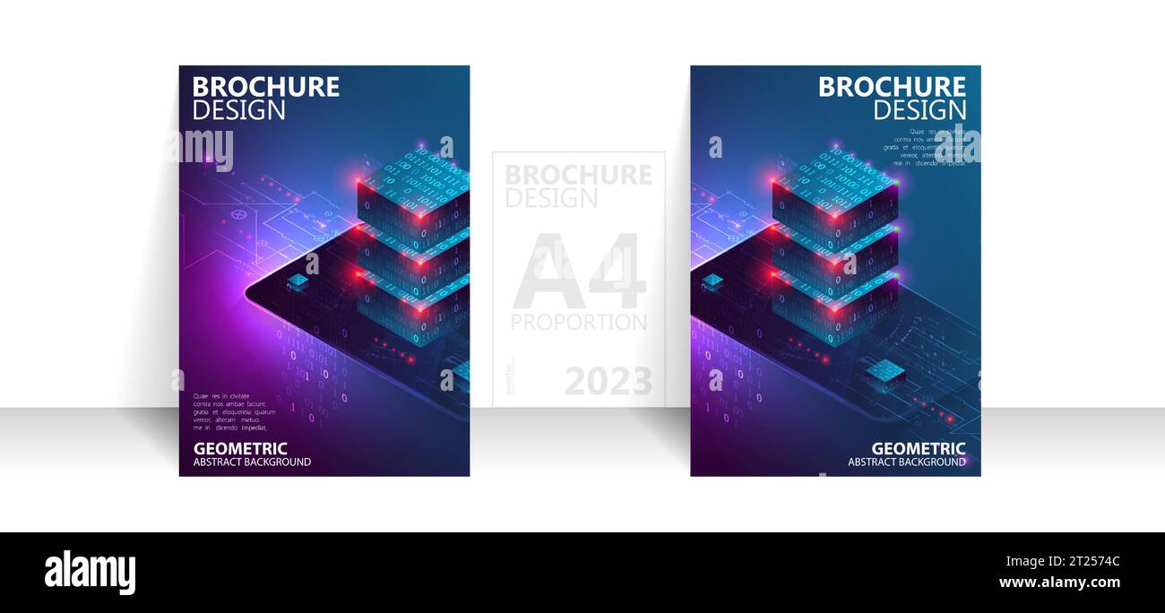 Modello di opuscolo sfondo del volantino per il design aziendale in formato A4. Concetto isometrico di elaborazione dei big data, database cloud. Illustrazione Vettoriale