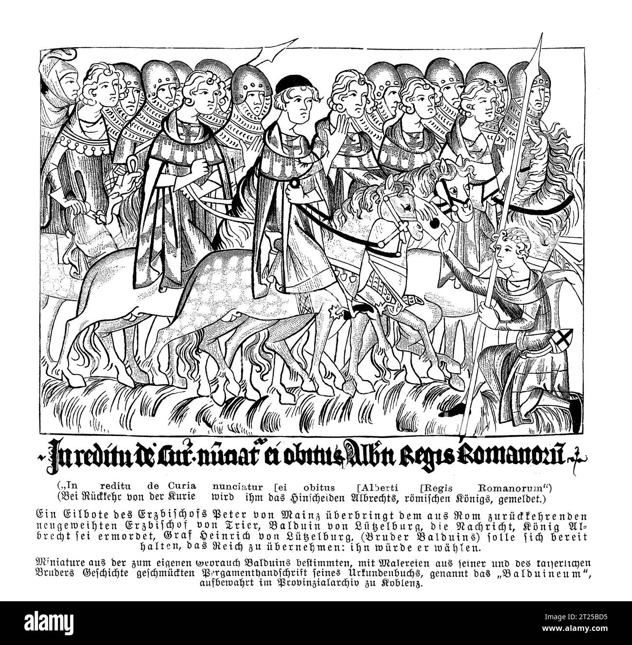 Enrico Conte di Lussemburgo riceve il messaggio della morte dell'imperatore e della sua elezione al trono come Enrico VII Sacro Romano Imperatore, dal Codex Balduineus, XIII secolo Foto Stock