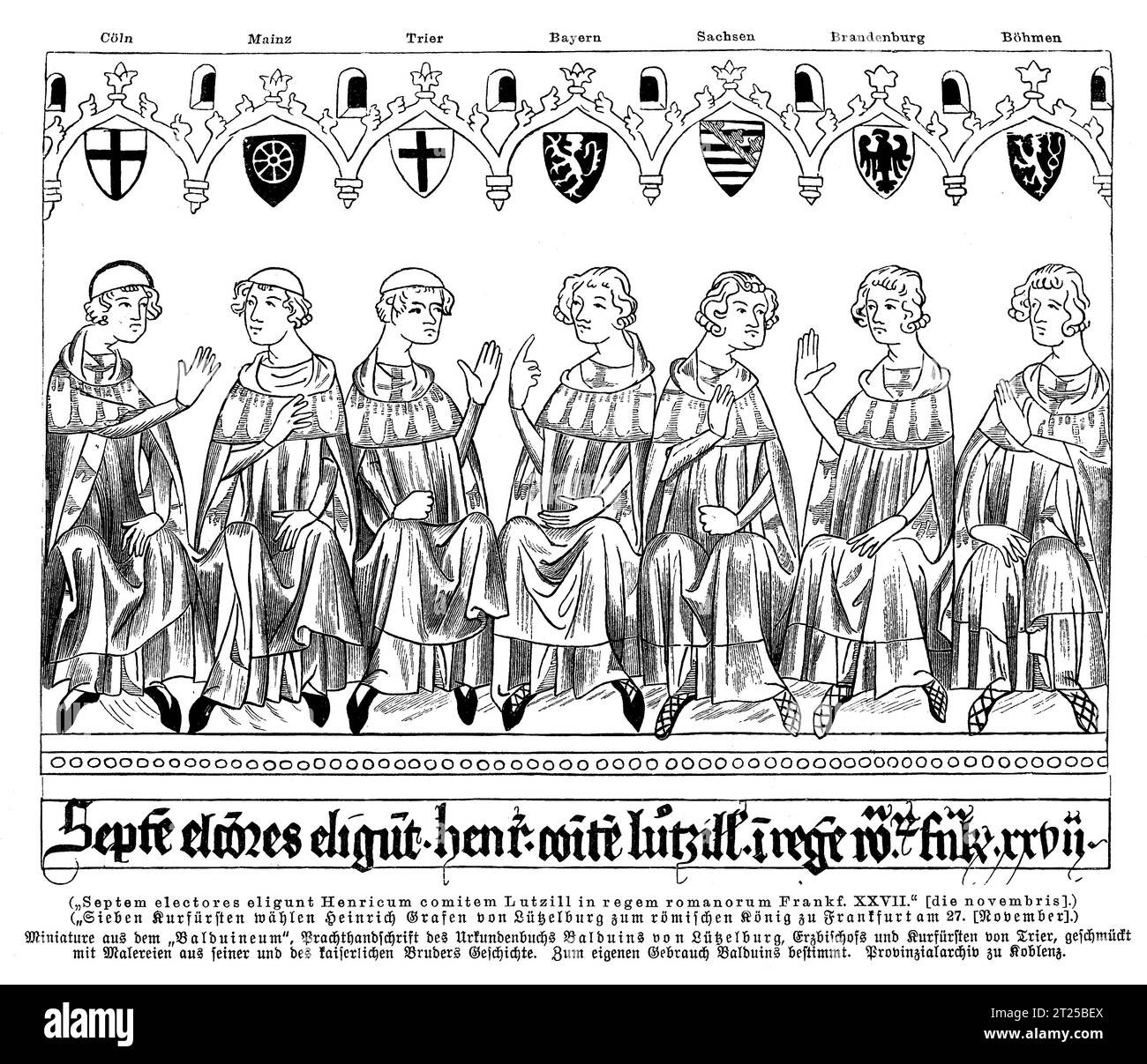 I sette principi elettori membri del collegio elettorale che elessero l'imperatore del Sacro Romano Impero votando per Enrico VII, Balduineum picture Chronicle, 1341 Foto Stock