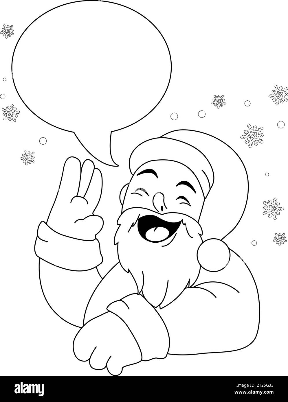 Babbo Natale con la bolla del discorso che parla. Pagina vettoriale di colorazione in bianco e nero. Illustrazione Vettoriale