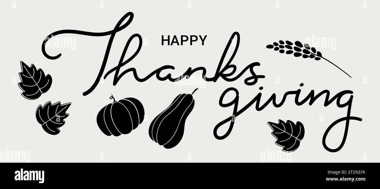 Striscione nero Happy Thanksgiving Day con testo calligrafico e foglie e zucche disegnate a mano. Illustrazione vettoriale Illustrazione Vettoriale