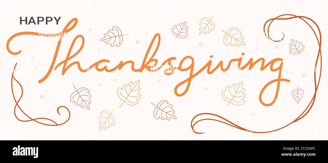 Banner del giorno del Ringraziamento con testo calligrafico e foglie autunnali disegnate a mano su sfondo bianco. Illustrazione vettoriale Illustrazione Vettoriale