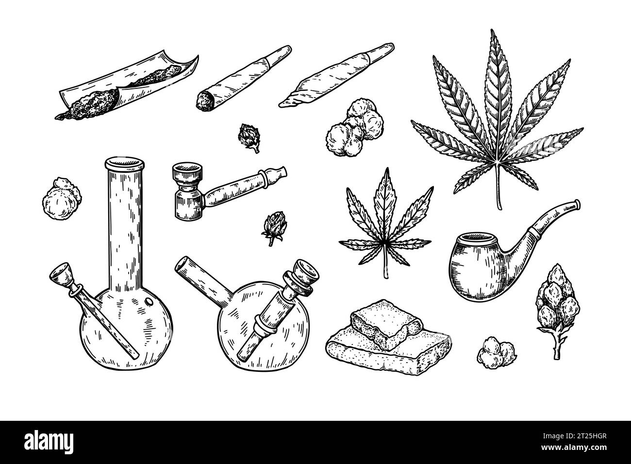 Attrezzi per fumare piante infestanti. Cannabis joint. Spliffa di marijuana disegnata a mano. Bong di canapa di vetro. Pipa da tabacco. Illustrazione vettoriale nello stile di schizzo Illustrazione Vettoriale