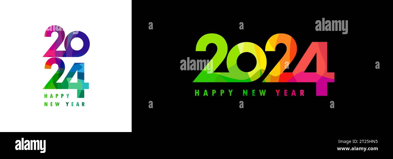 Felice anno nuovo 2024 colorato disegno del logo tipografico a sfaccettatura. Messaggio di benvenuto aziendale per illustrazioni vettoriali di alta qualità e festeggiamenti per il nuovo anno 2024 Illustrazione Vettoriale