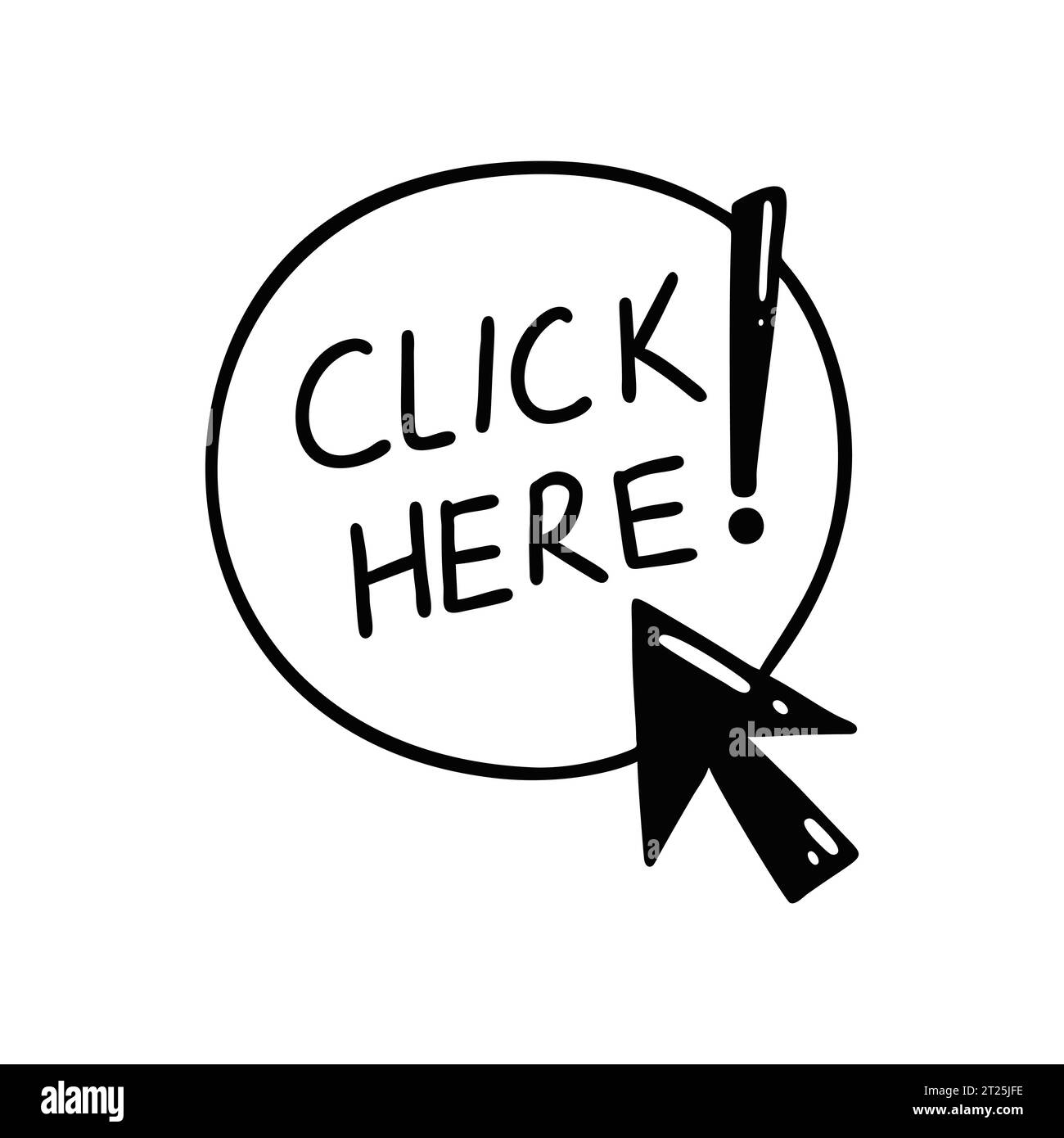 Fare clic sul pulsante Doodle qui. Icona del cursore di schizzo disegnata a mano. Registro del sito Web. Illustrazione vettoriale a mano libera del cursore del mouse Illustrazione Vettoriale