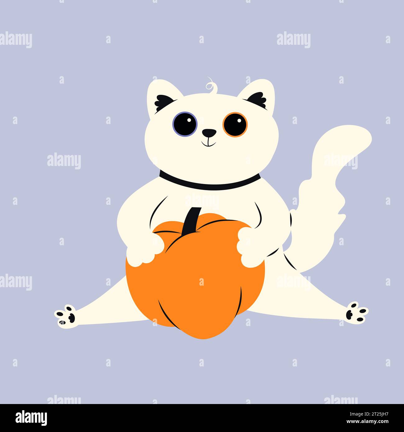 Un simpatico gatto bianco si siede e abbraccia una zucca di Halloween Illustrazione Vettoriale