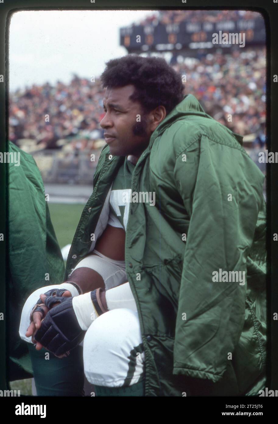 Una foto del 1978 del tackle sinistro dei New York Jets Winston Hill, giocò sia nella AFL che nella NFL e fu incaricato di proteggere il lato cieco di Joe Namath. Allo Shea Stadium di Flushing, 1978. Foto Stock