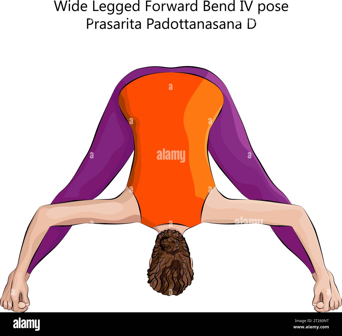 Giovane donna che fa yoga Prasarita Padottanasana D. ampia gamba Forward Bend 4 posa. Difficoltà intermedia. Illustrazione vettoriale isolata. Illustrazione Vettoriale