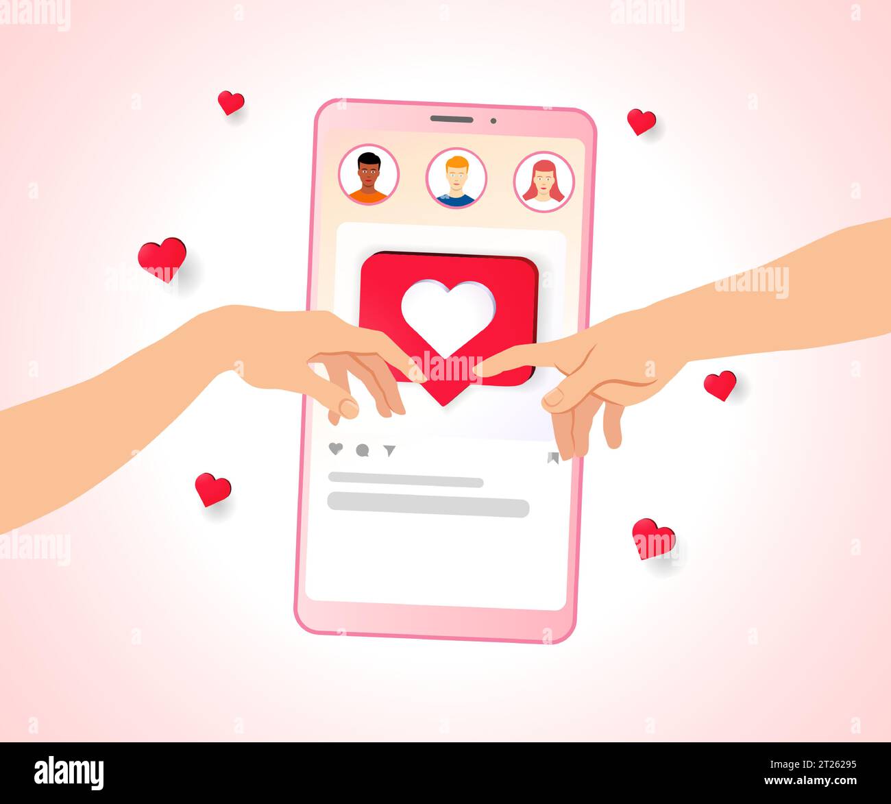 Mani che si mettono in contatto, creazione del concetto di social media Adam - San Valentino. Smartphone con interfaccia social network, icone utente e mani Illustrazione Vettoriale