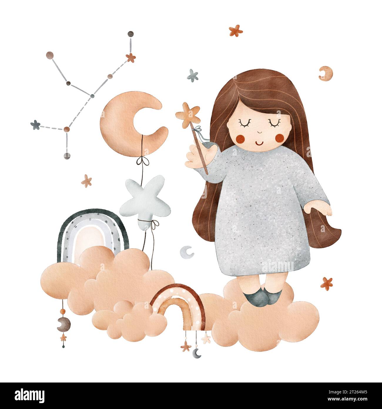 La simpatica composizione acquerello per bambini con il segno zodiacale Virgo, bambola, nuvola, stelle, luna e costellazione. Per la stampa, il confezionamento, le cartoline, fratello Foto Stock