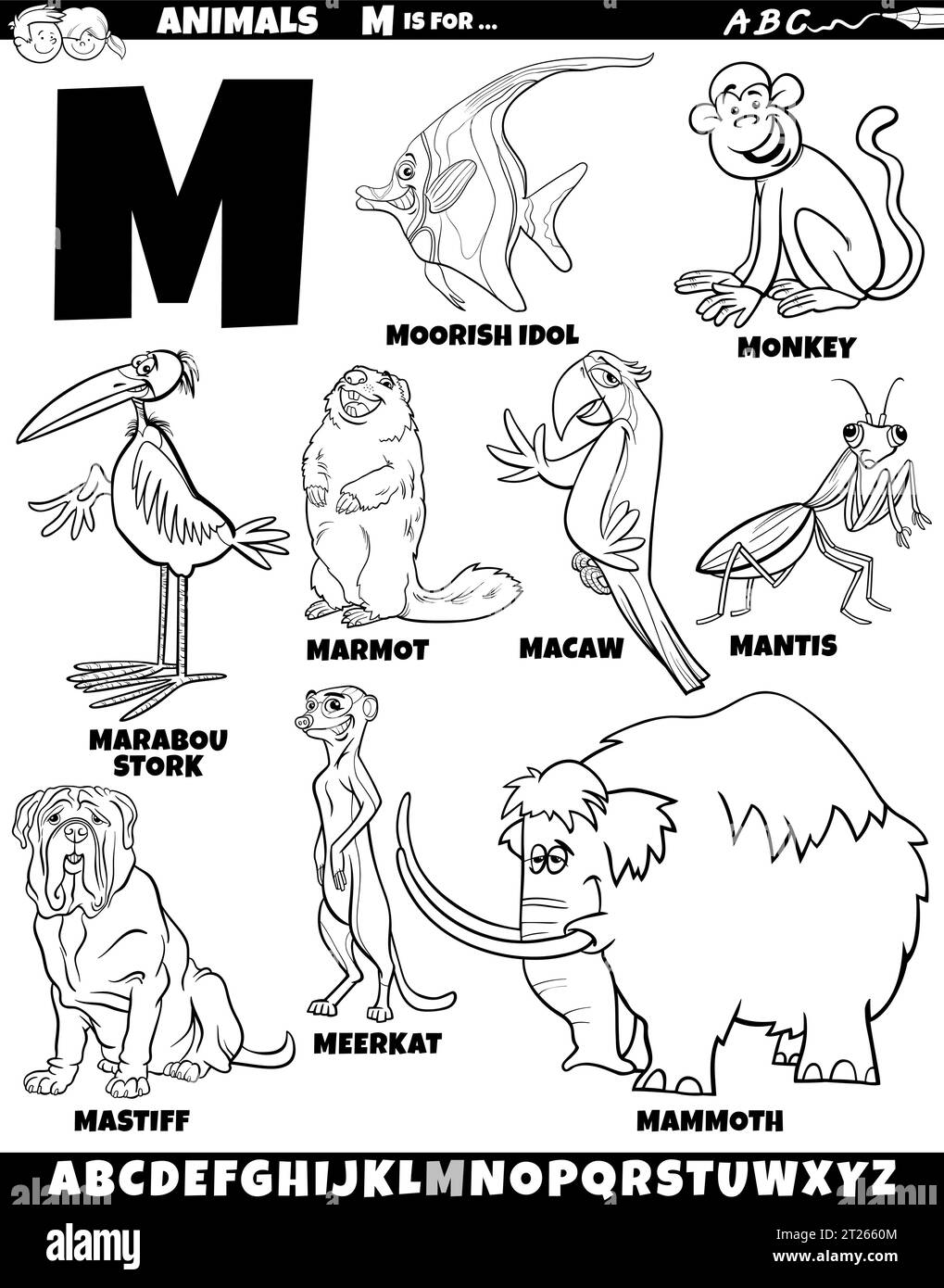 Illustrazione del cartone animato di caratteri animali impostati per la pagina di colorazione Letter M. Illustrazione Vettoriale