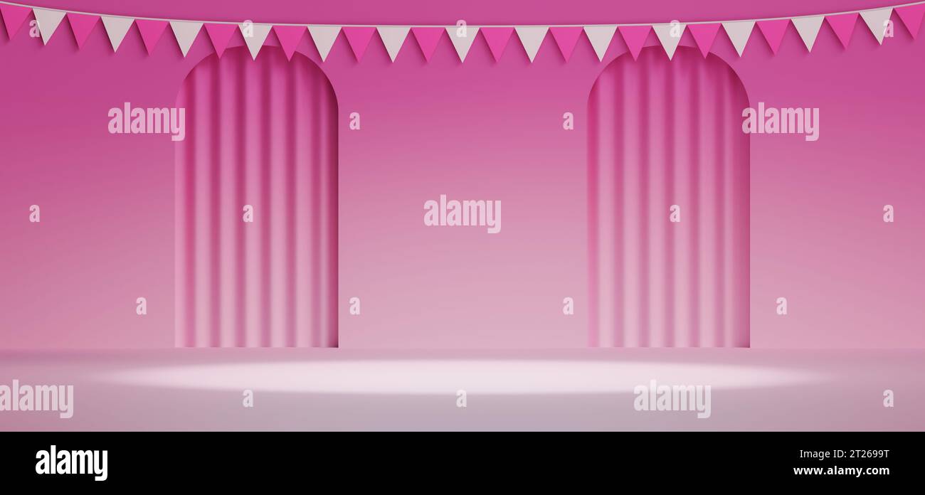 Sala espositiva del prodotto 3d.parete podio in piedi sfondo color pastello.sfondo studio rosa sfumato astratto per la presentazione del prodotto Foto Stock