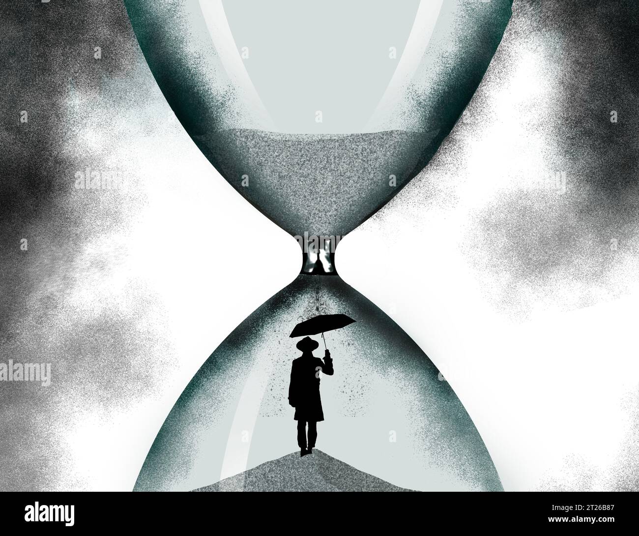 Un uomo con un ombrello sta sotto la sabbia cadendo in una clessidra in un'illustrazione 3D sul passare del tempo e l'invecchiamento. Foto Stock