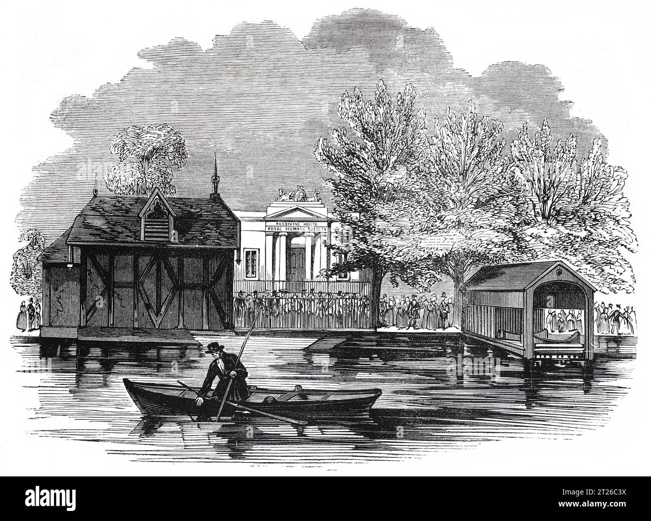 Receiving House della Royal Humane Society, Hyde Park, Londra. Black and White Illustration from the 'Old England' pubblicato da James Sangster nel 1860. Foto Stock