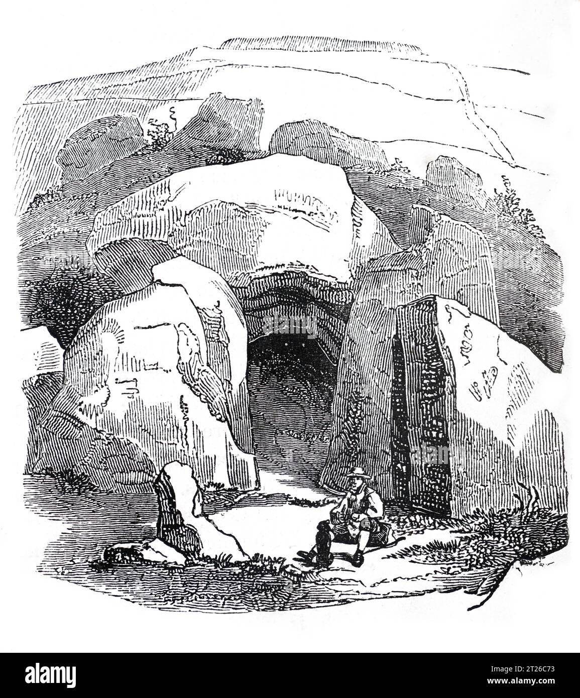 Wayland Smith's Cave, o Wayland's Smithy, Ashbury, Oxfordshire, una Long barrow a camere neolitiche, una volta si pensava fosse la casa di Wayland, il Dio sassone della lavorazione dei metalli. Black and White Illustration from the 'Old England' pubblicato da James Sangster nel 1860. Foto Stock