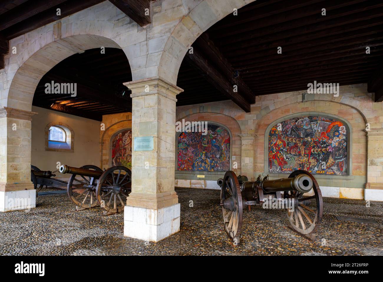Vecchio edificio dell'Arsenale che mostrava cannoni che erano tra i materiali di artiglieria di Ginevra requisiti dagli austriaci nel febbraio 1814 e trasferiti a V Foto Stock